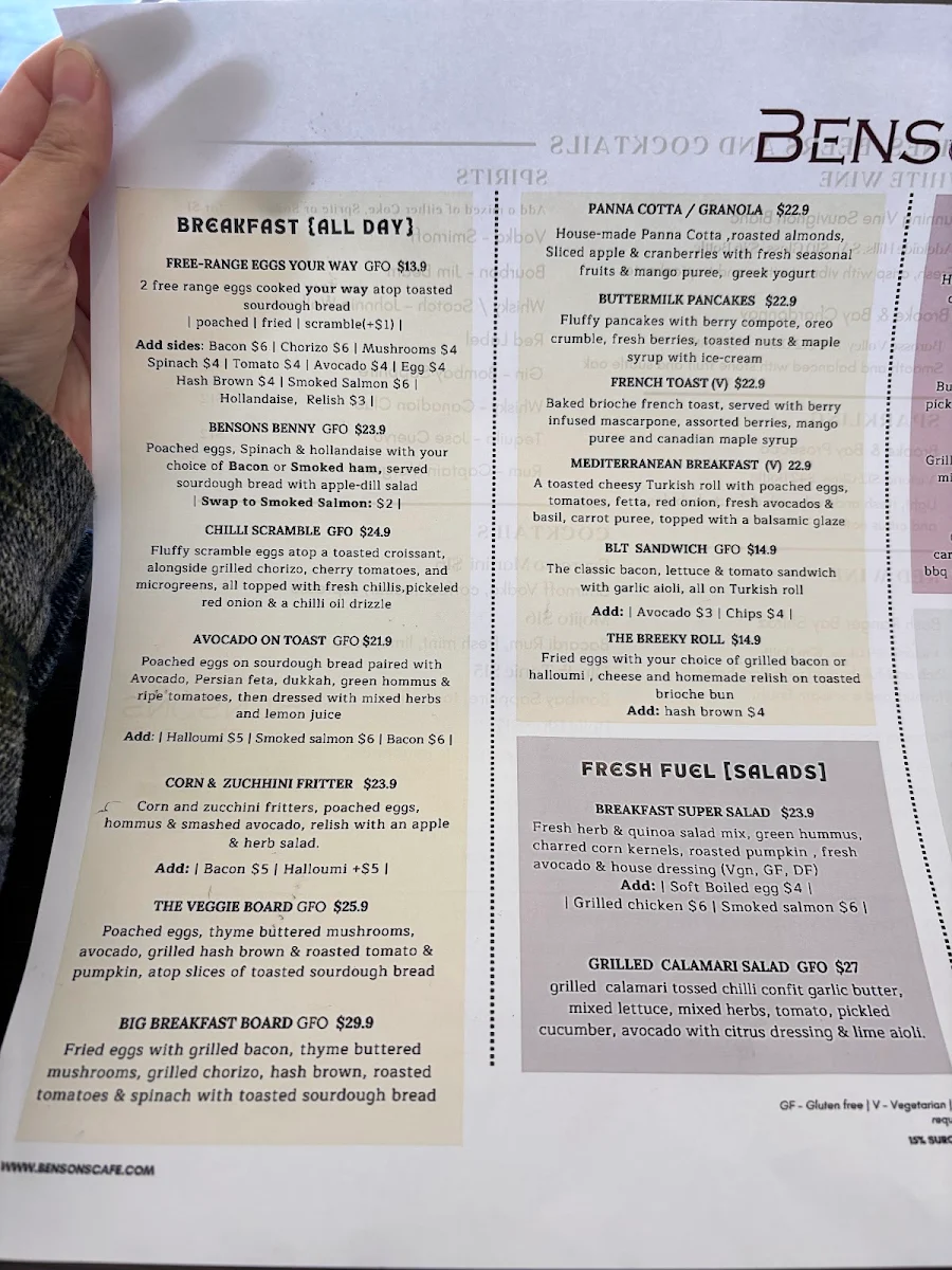 Menu, Bensons Café And Restaurant