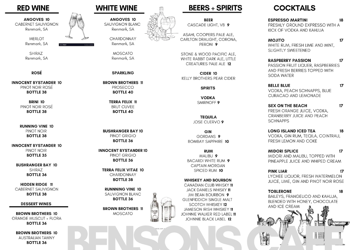 Menu, Bensons Café And Restaurant