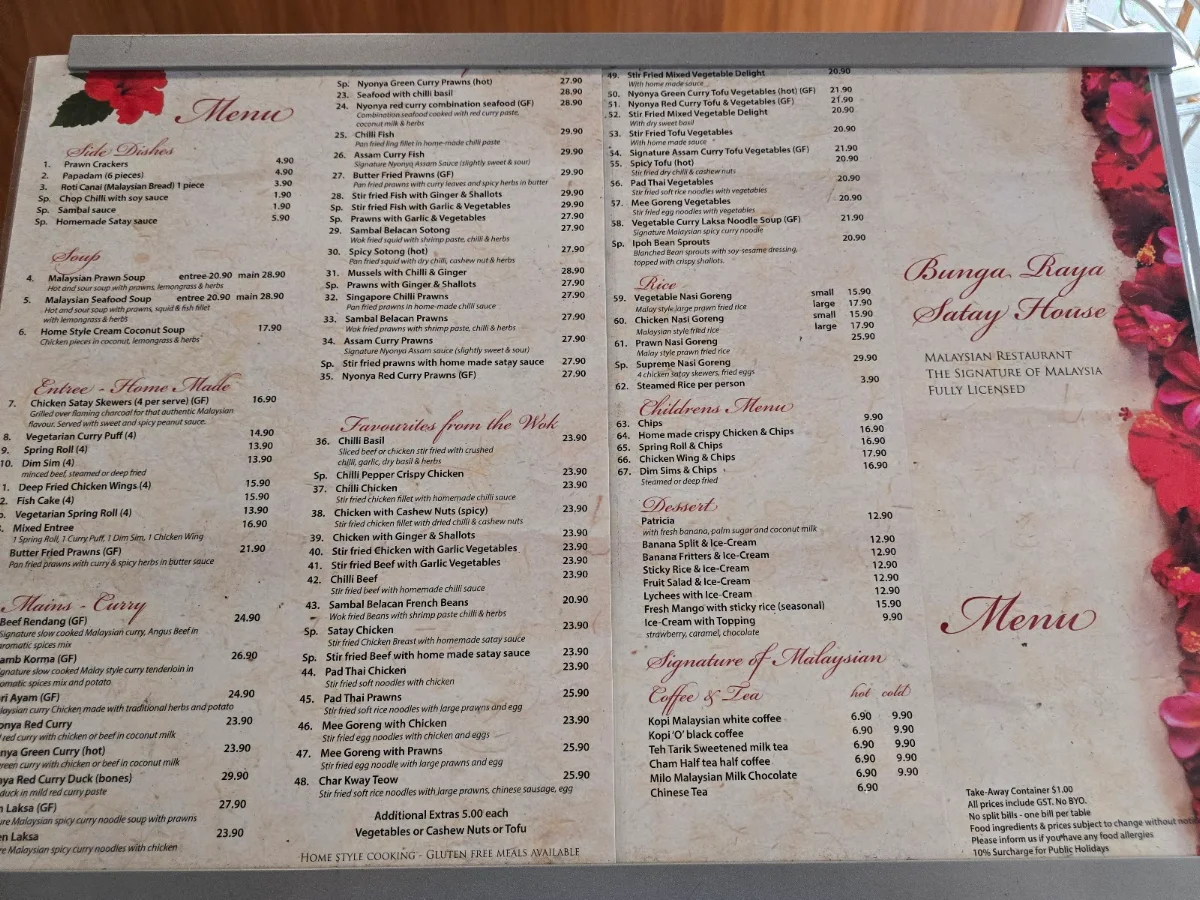 Menu, BungaRaya Satay House Malaysian Restaurant