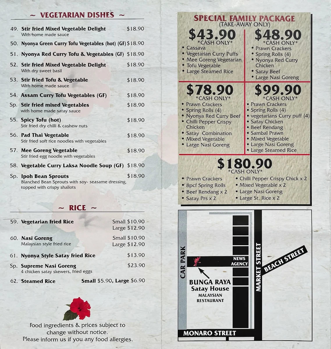 Menu, BungaRaya Satay House Malaysian Restaurant