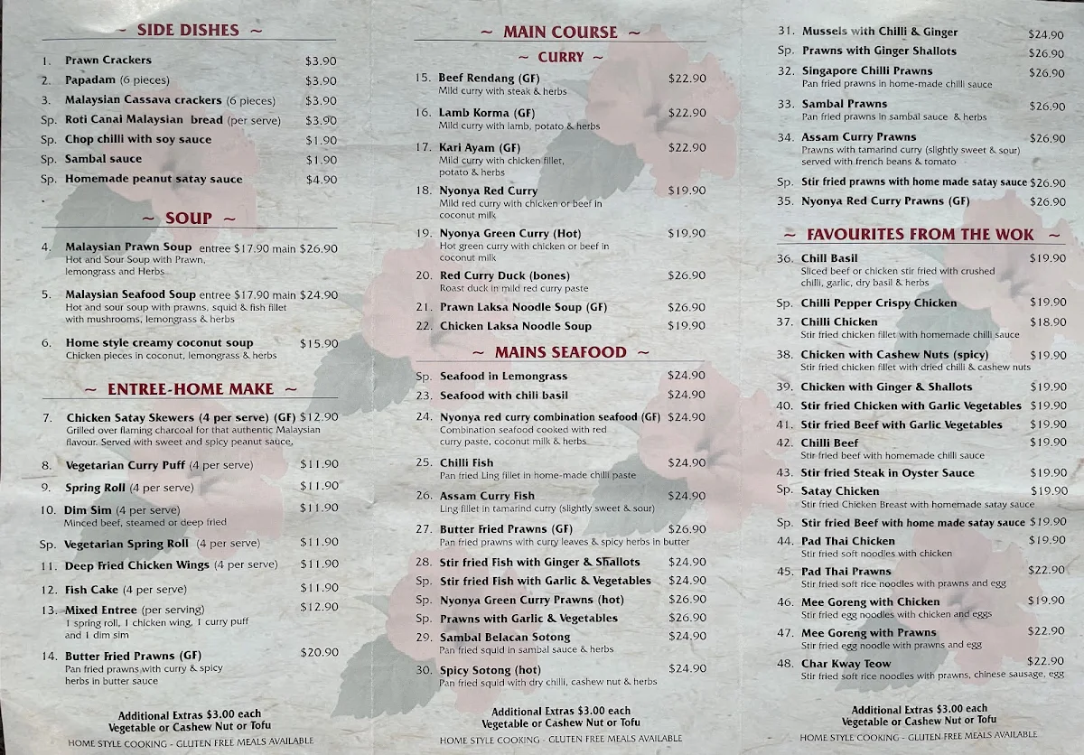 Menu, BungaRaya Satay House Malaysian Restaurant