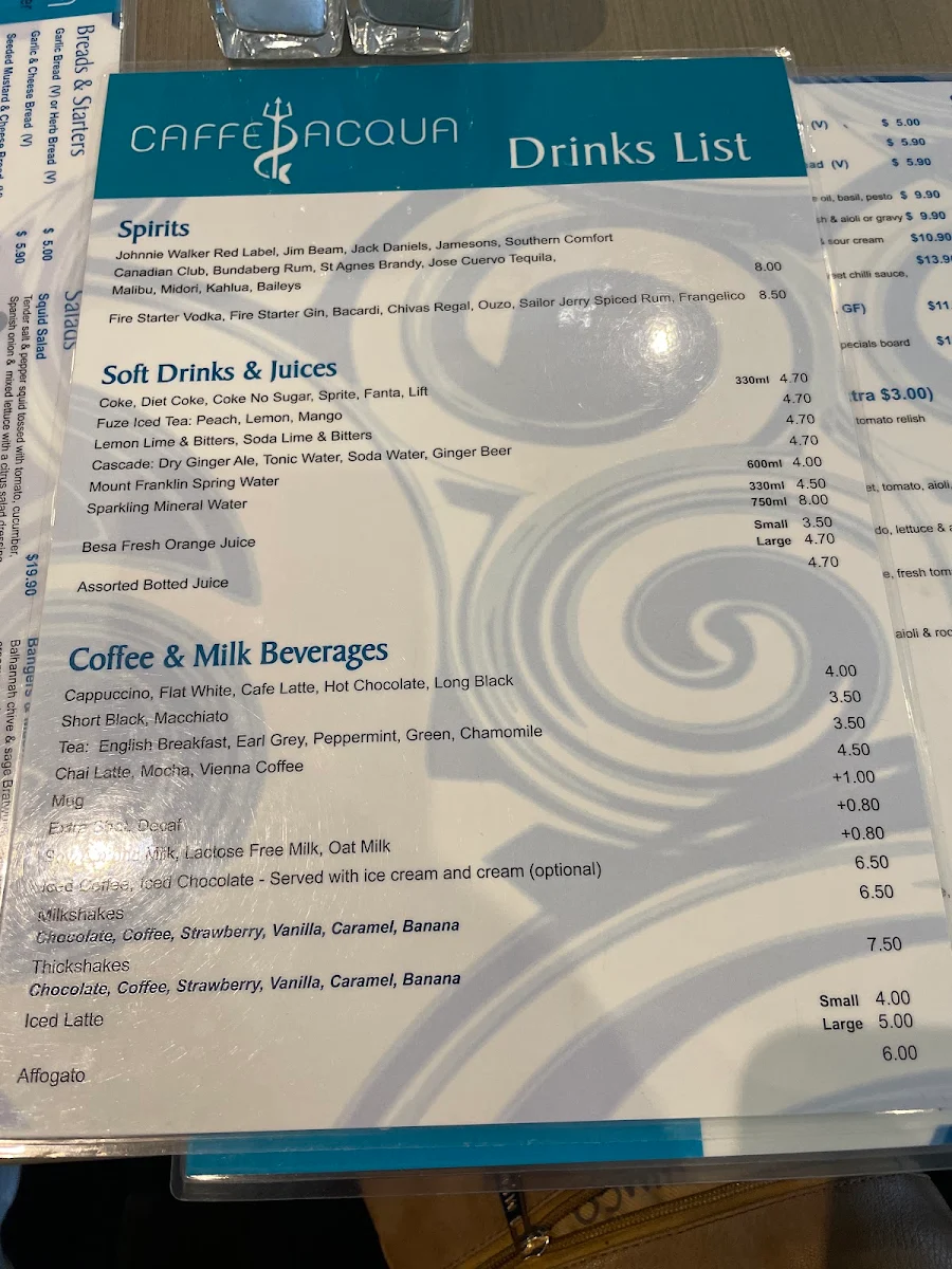 Menu, Caffe Acqua
