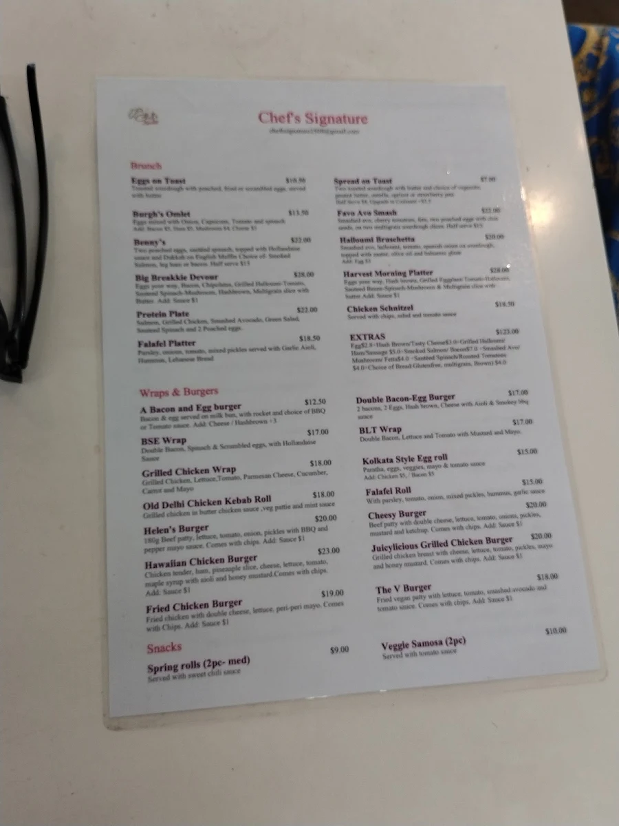 Menu, CHEF'S SIGNATURE Cafe & Indian Restaurant