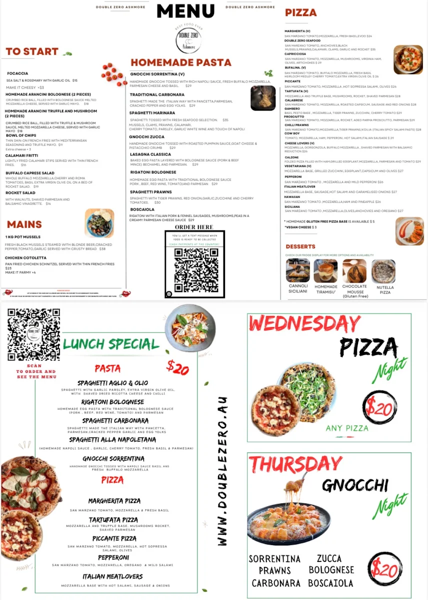 Menu, Double Zero Ashmore