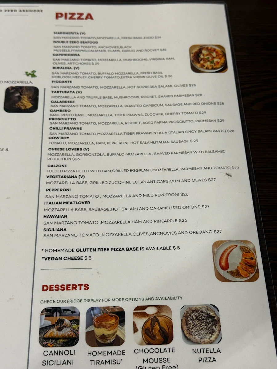 Menu, Double Zero Ashmore