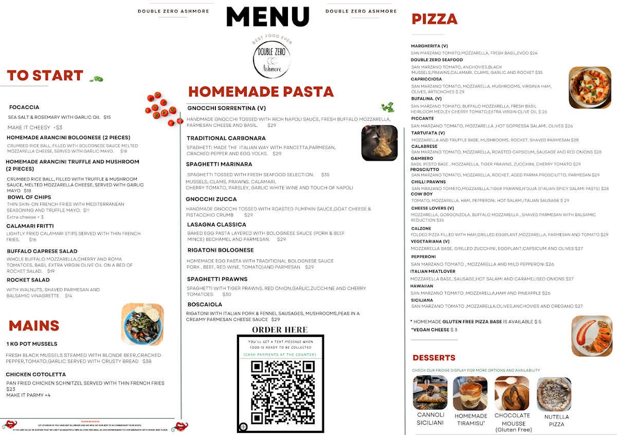 Menu, Double Zero Ashmore