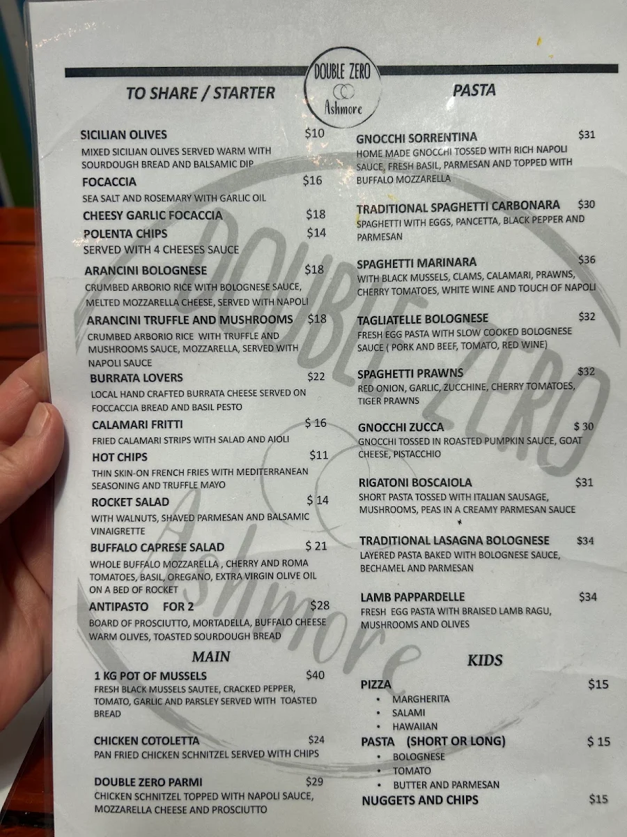 Menu, Double Zero Ashmore