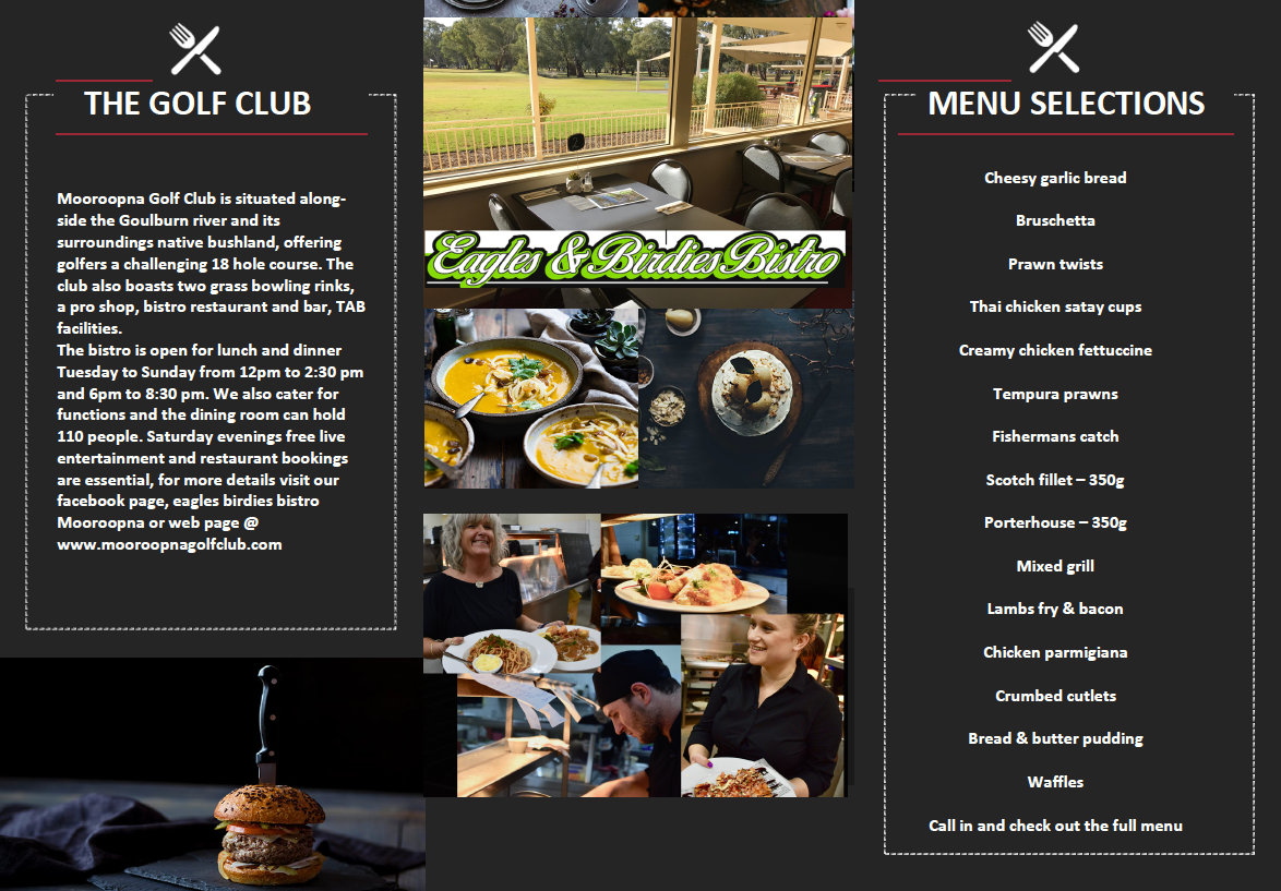 Menu, Eagles & Birdies Bistro