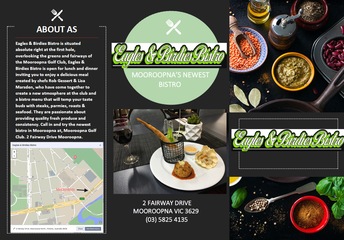Menu, Eagles & Birdies Bistro