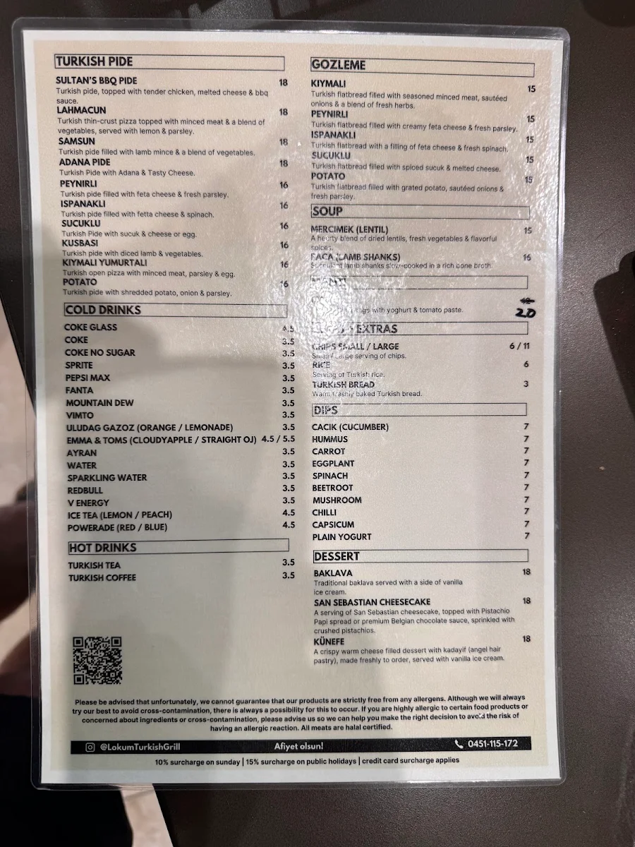 Menu, Lokum Turkish Grill