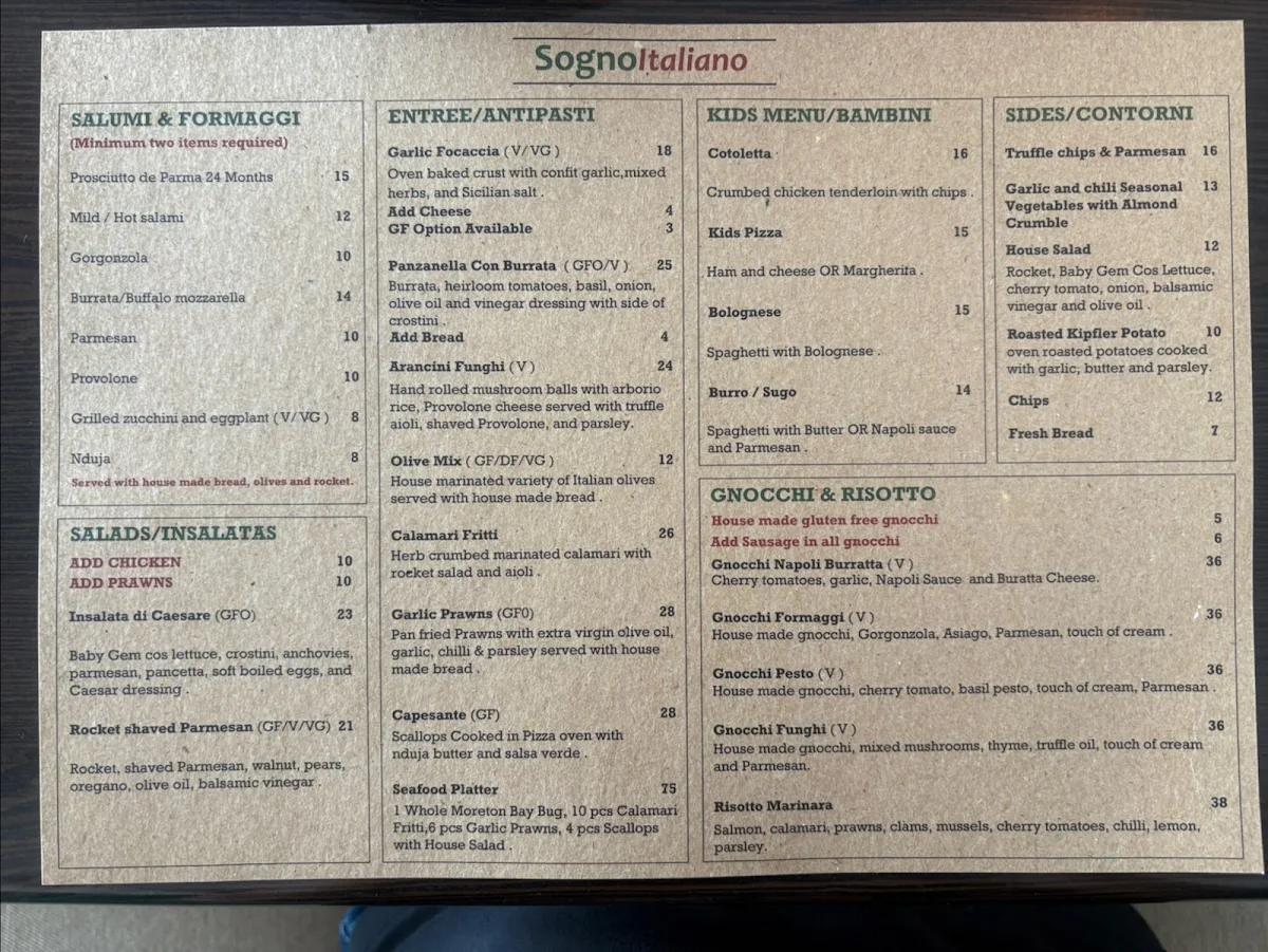 Menu, Sogno Italiano Mermaid Waters