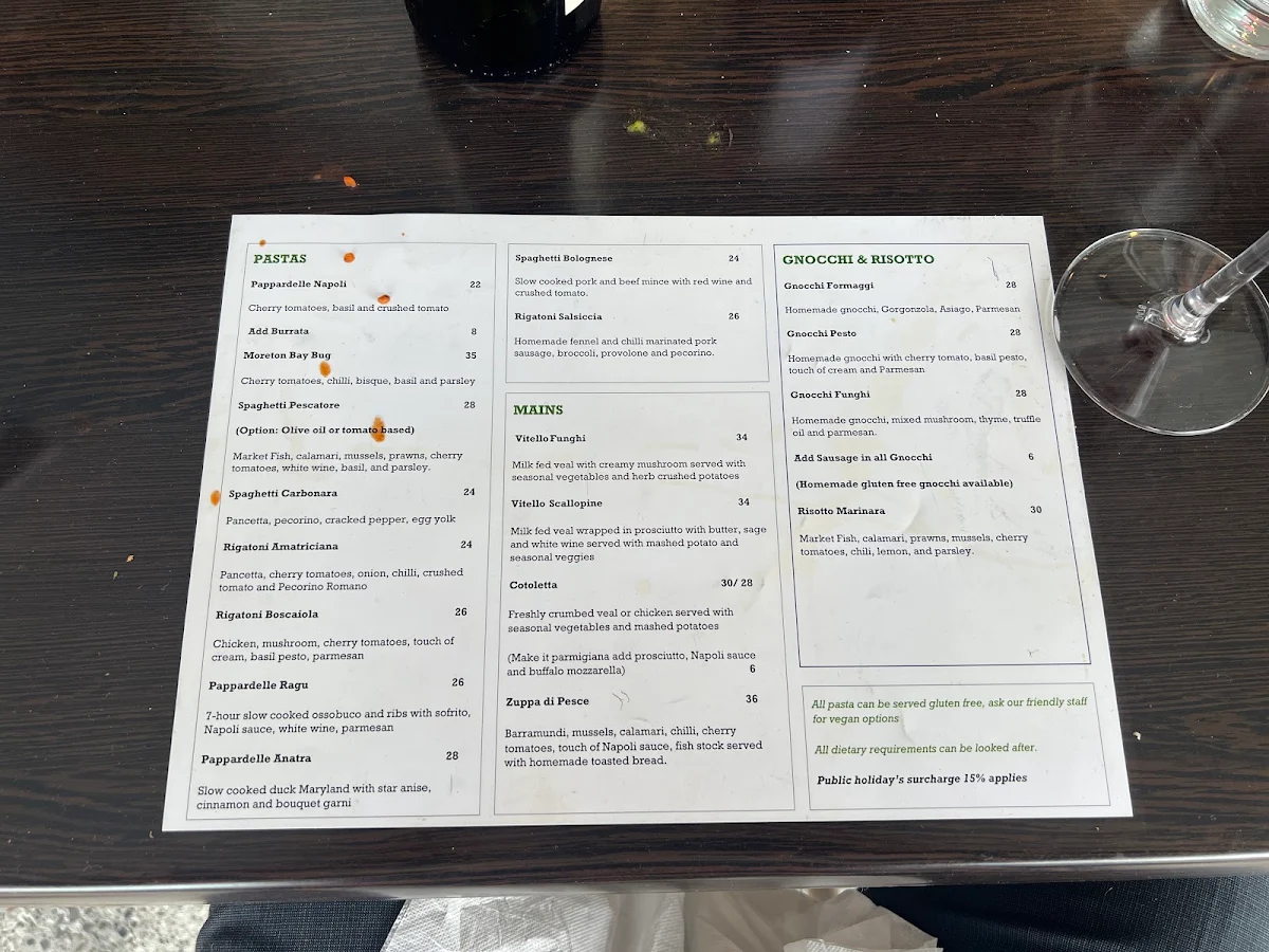 Menu, Sogno Italiano Mermaid Waters