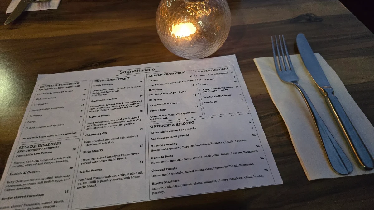 Menu, Sogno Italiano Mermaid Waters