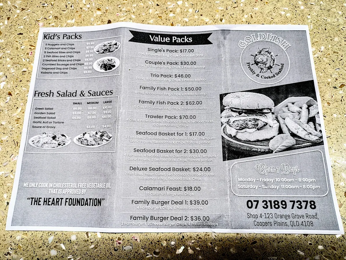 Menu, Gold Fish Coopers Plains