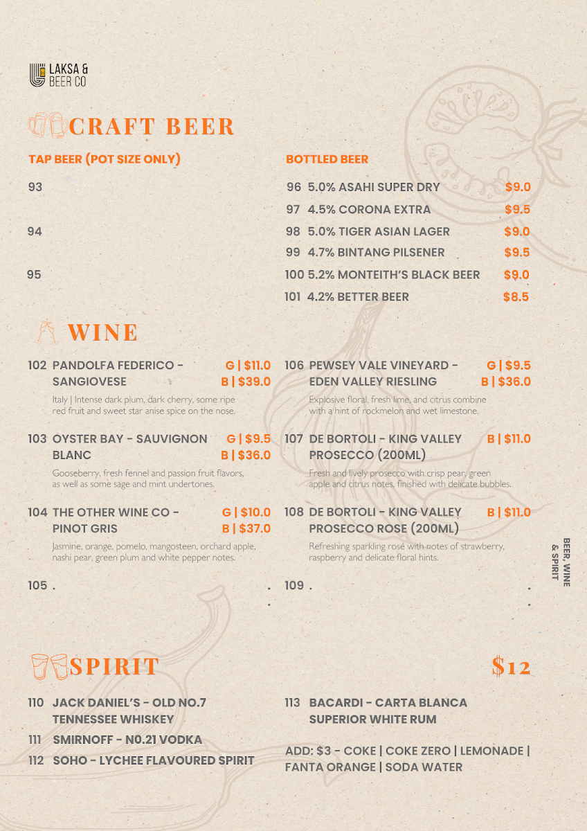 Menu, Laksa & Beer Co