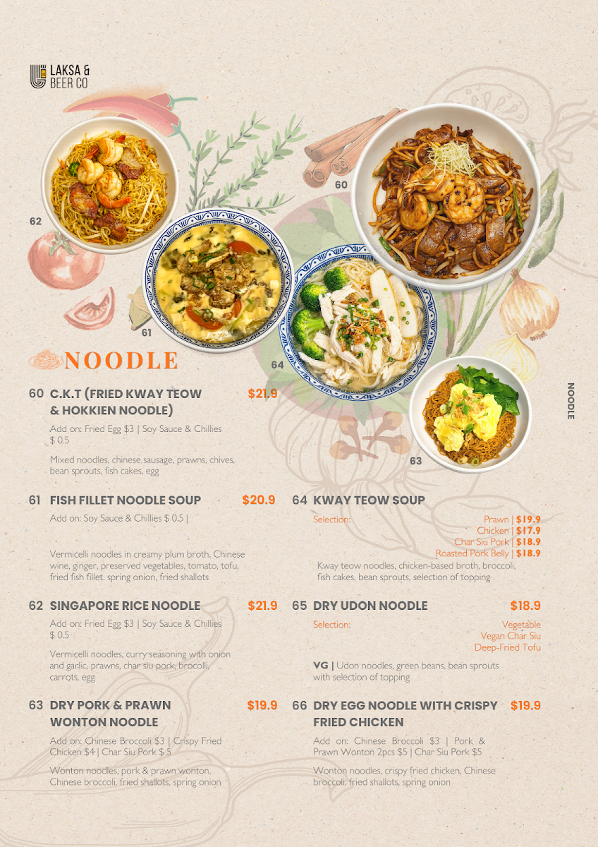Menu, Laksa & Beer Co