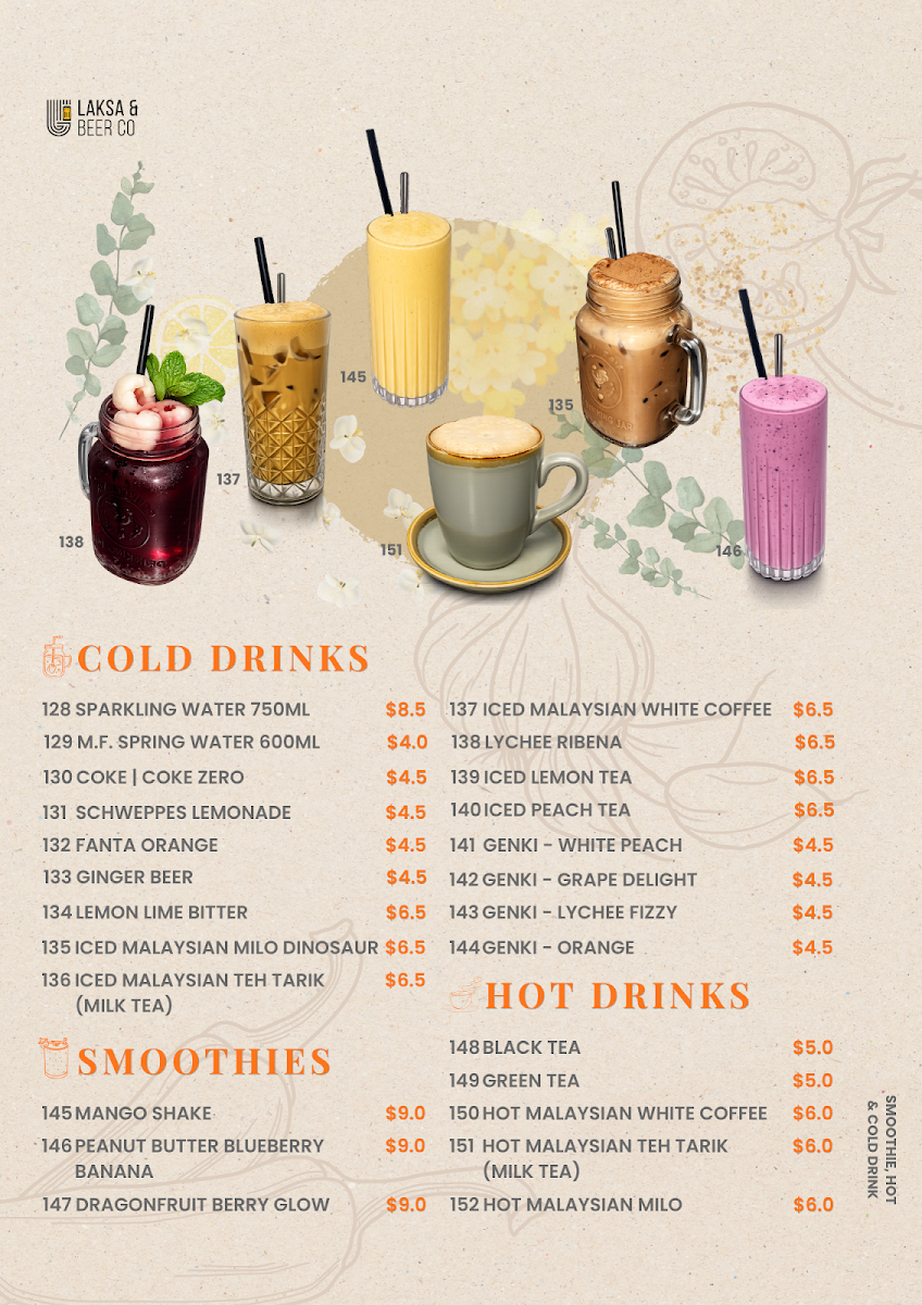 Menu, Laksa & Beer Co
