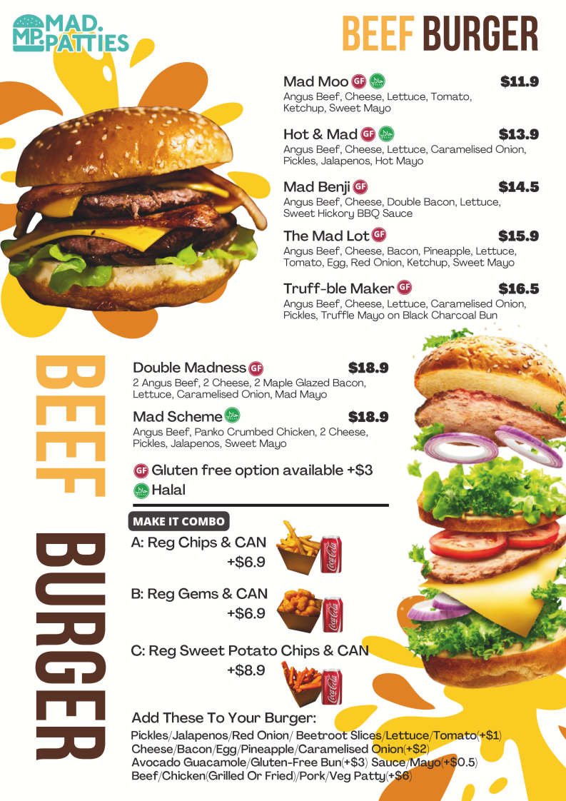 Menu, Mad Patties Endeavour Hills