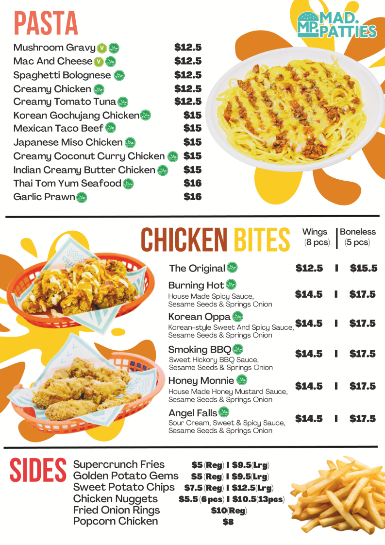 Menu, Mad Patties Endeavour Hills