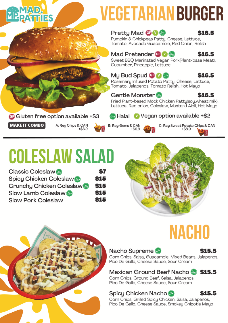 Menu, Mad Patties Endeavour Hills