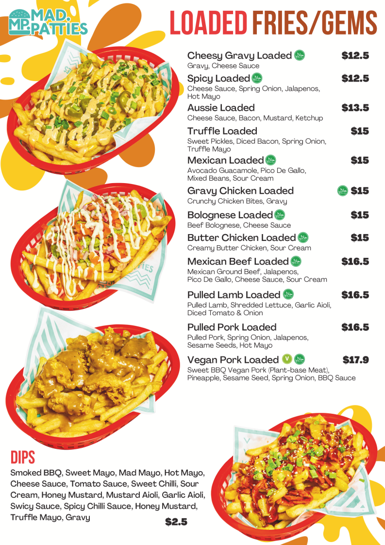 Menu, Mad Patties Endeavour Hills