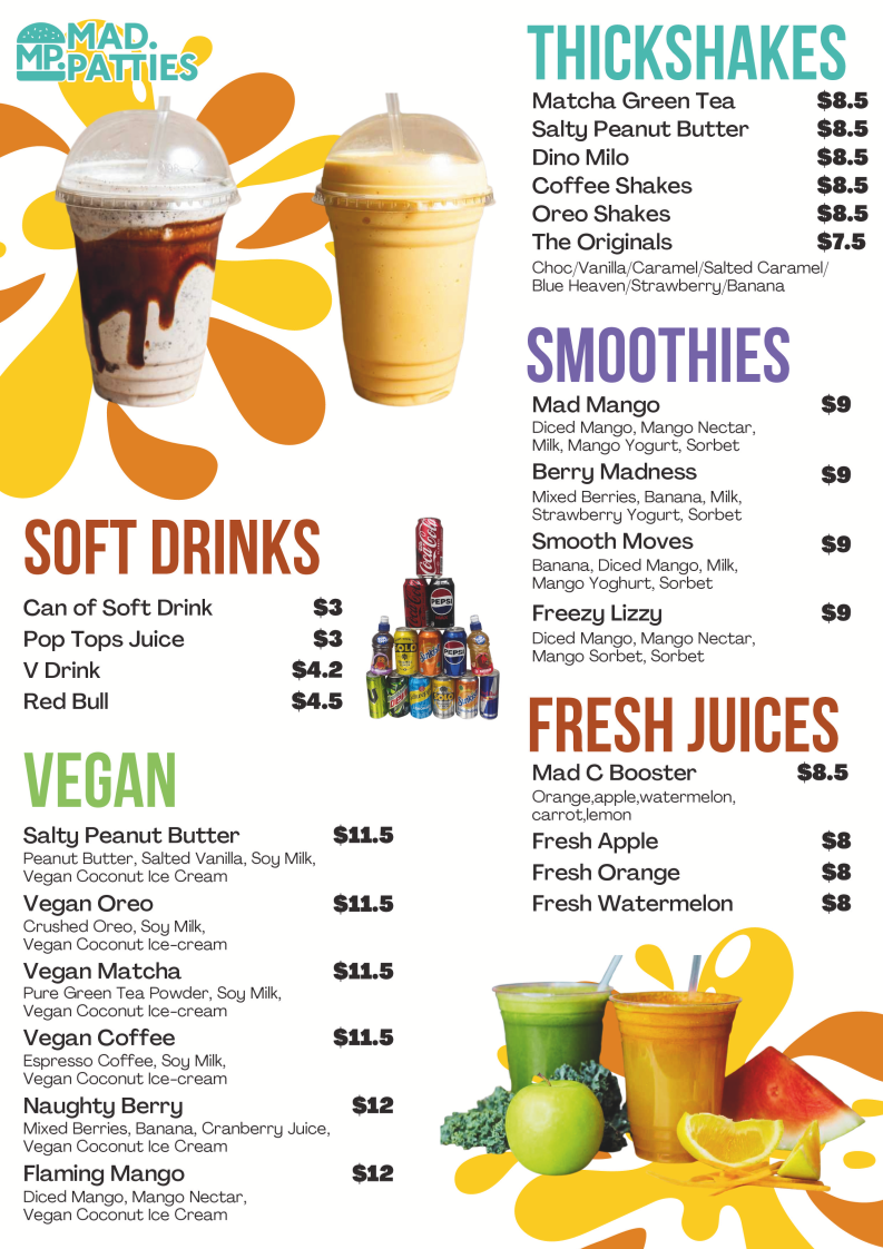 Menu, Mad Patties Endeavour Hills