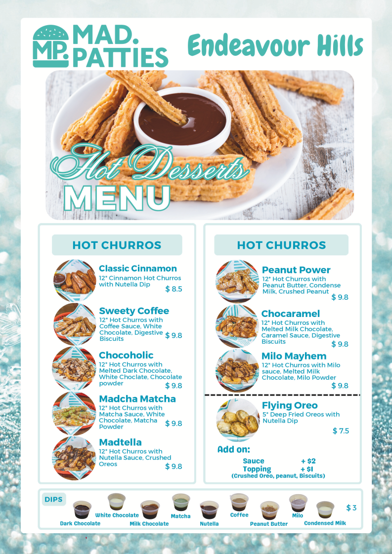 Menu, Mad Patties Endeavour Hills