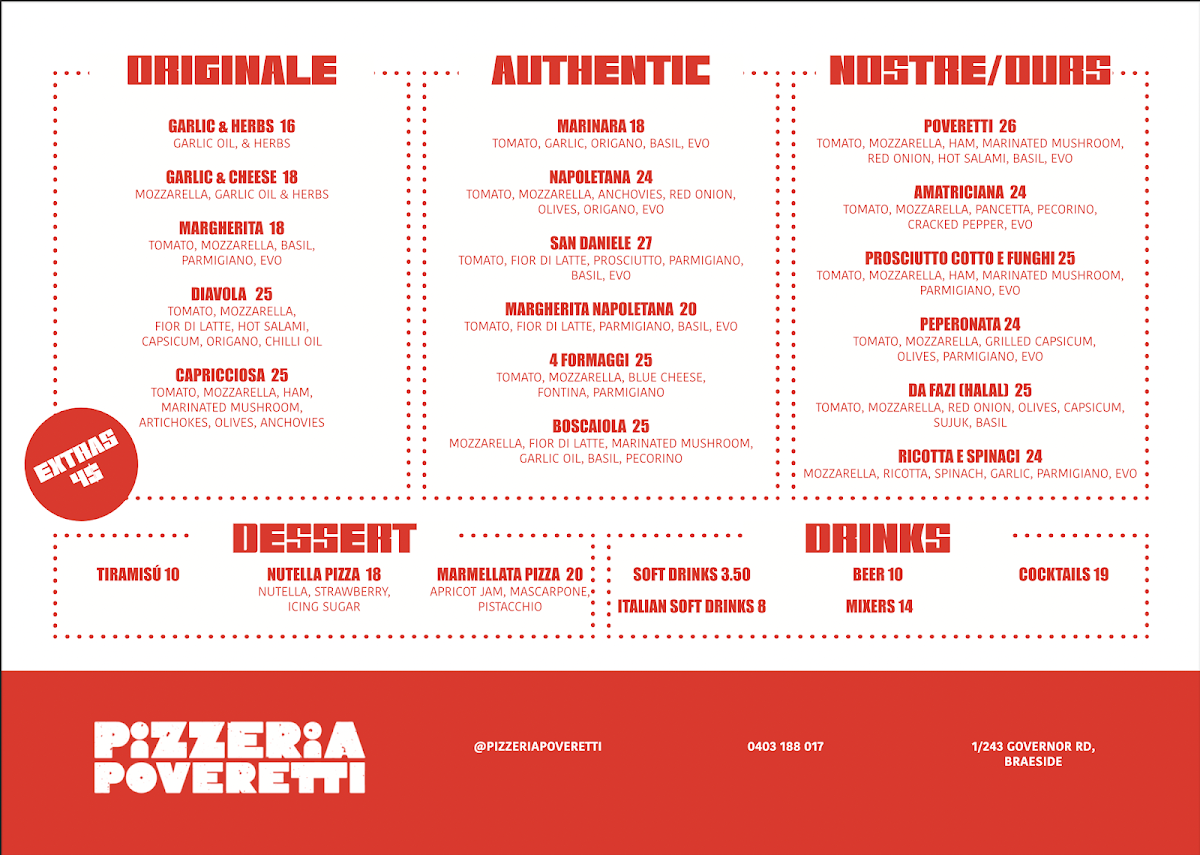 Menu, Pizzeria Poveretti