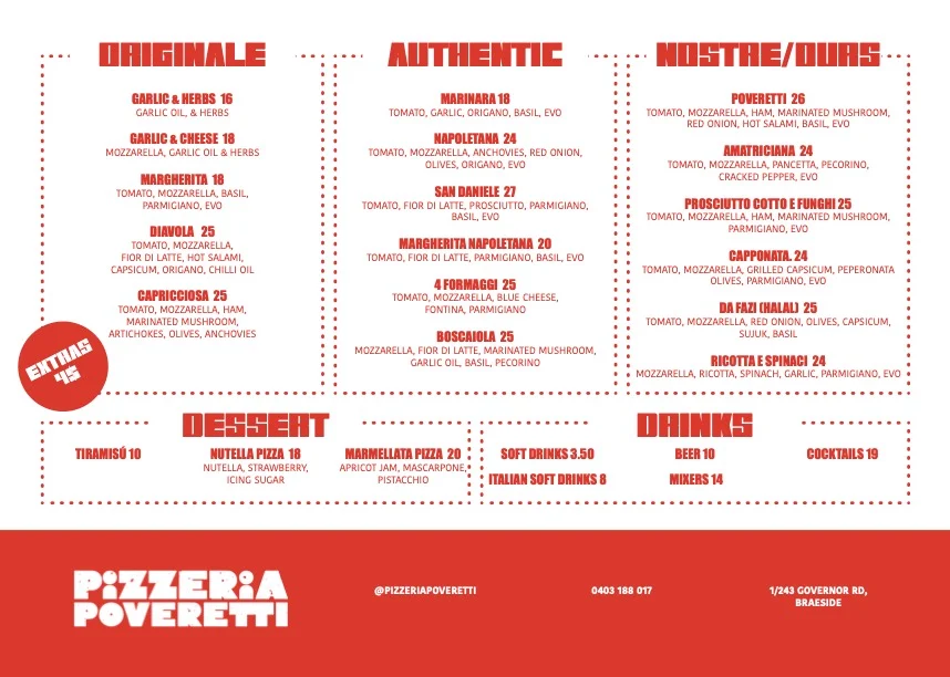 Menu, Pizzeria Poveretti