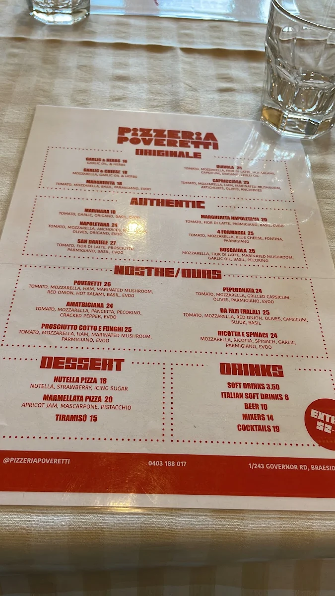 Menu, Pizzeria Poveretti