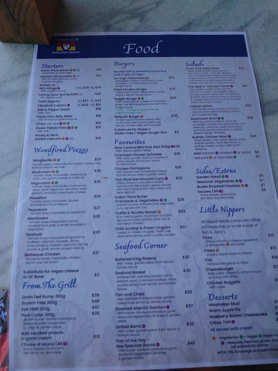 Menu, Burleigh Heads Mowbray Park SLSC