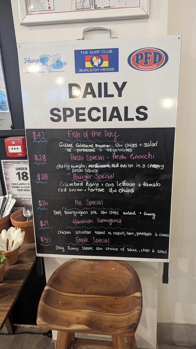 Menu, Burleigh Heads Mowbray Park SLSC