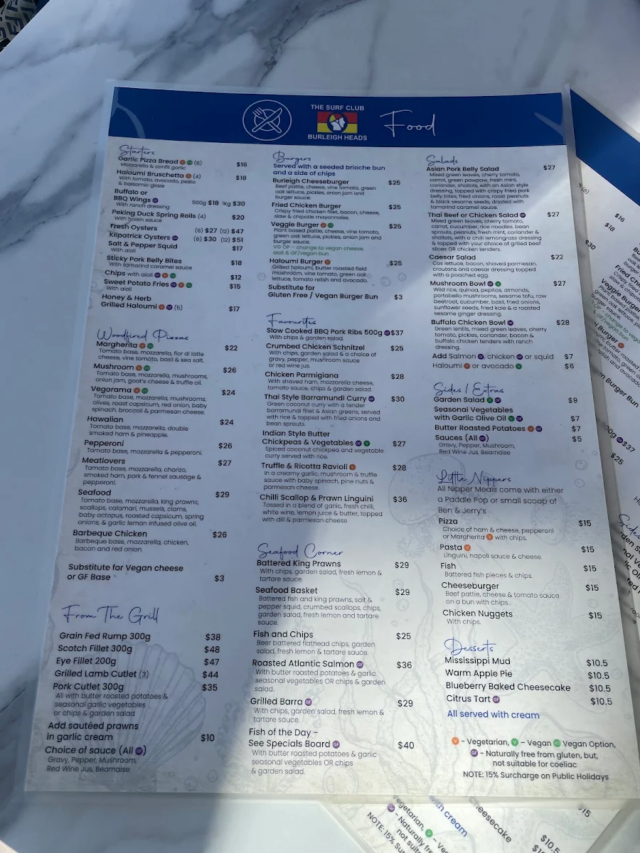 Menu, Burleigh Heads Mowbray Park SLSC