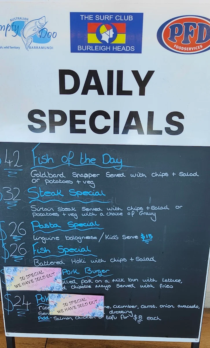 Menu, Burleigh Heads Mowbray Park SLSC