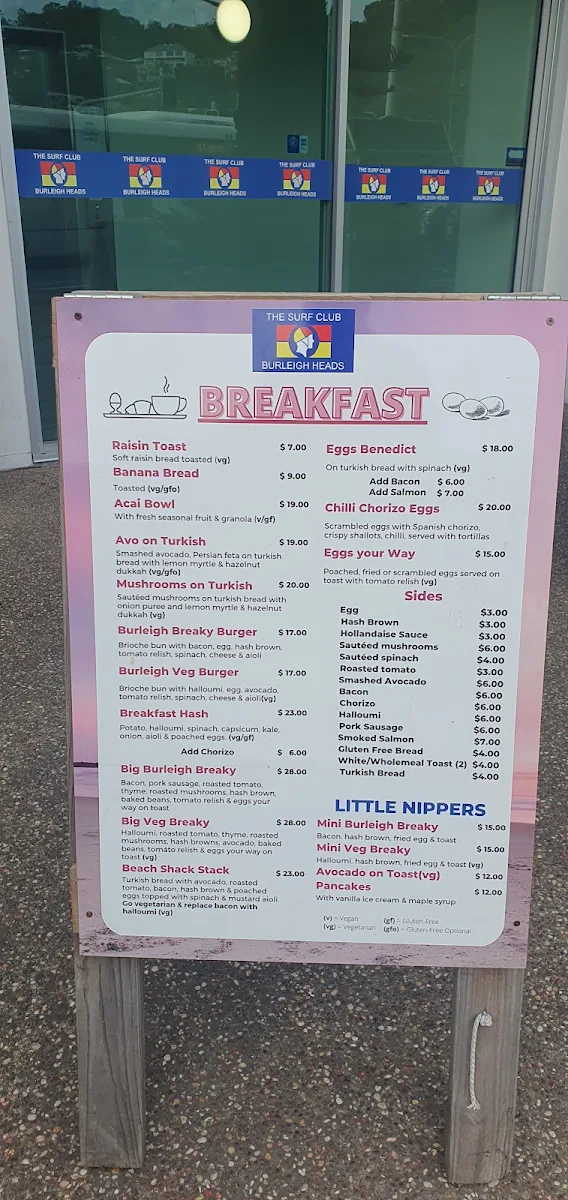Menu, Burleigh Heads Mowbray Park SLSC