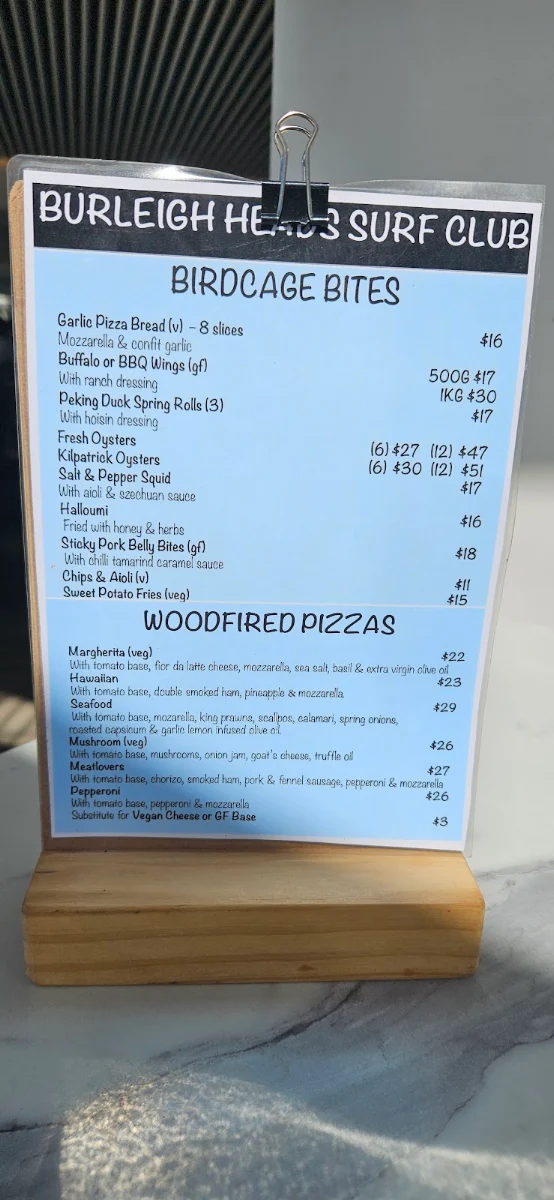 Menu, Burleigh Heads Mowbray Park SLSC