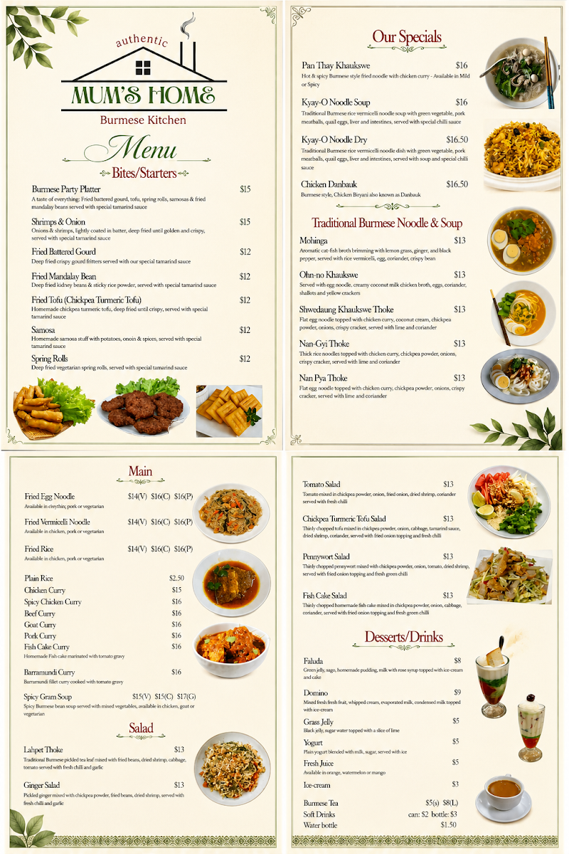 Menu, Mum's Home Burmese Kitchen