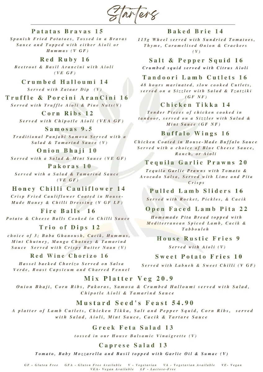 Menu, The Mustard Seed - Murray Bridge