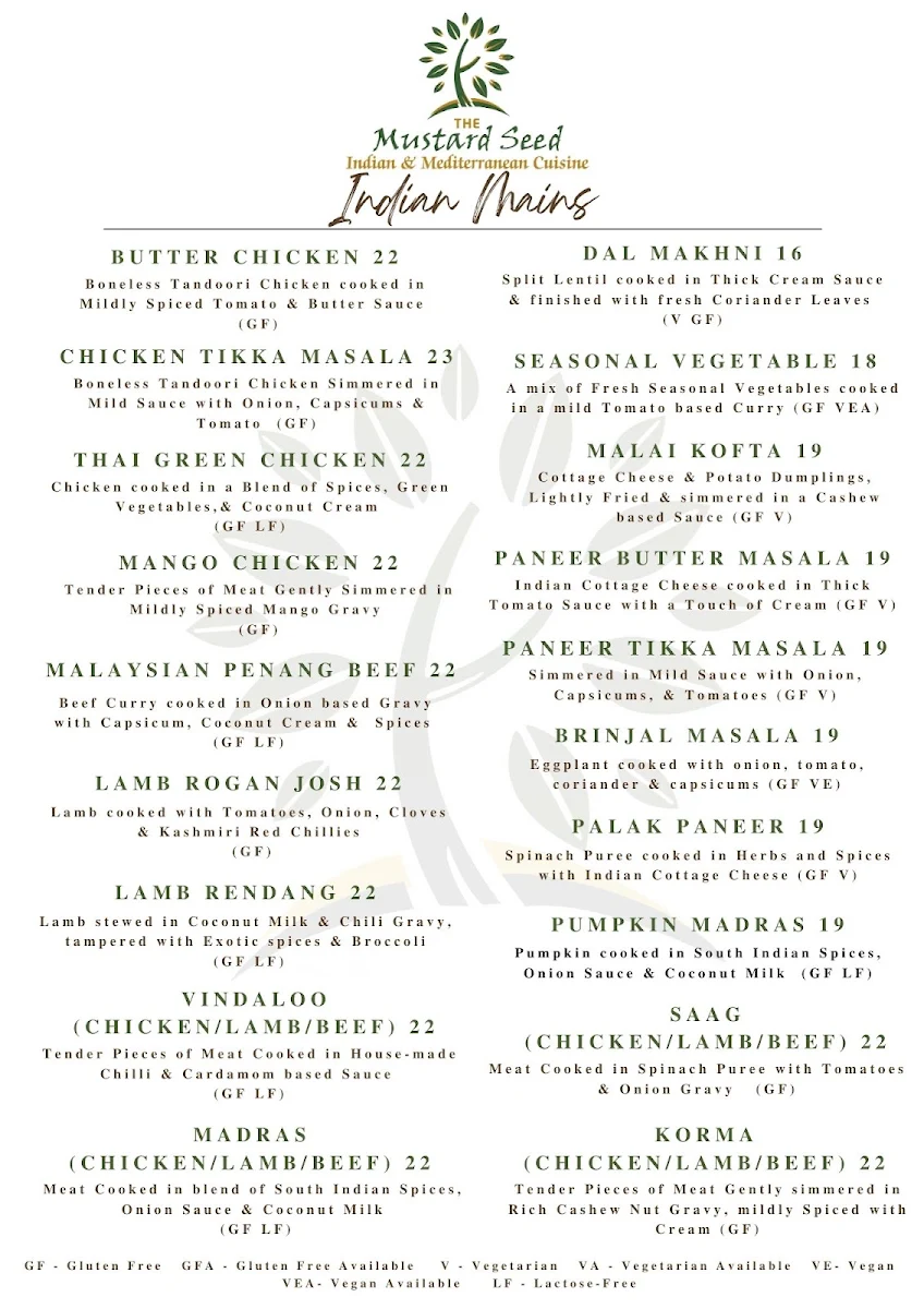 Menu, The Mustard Seed - Murray Bridge