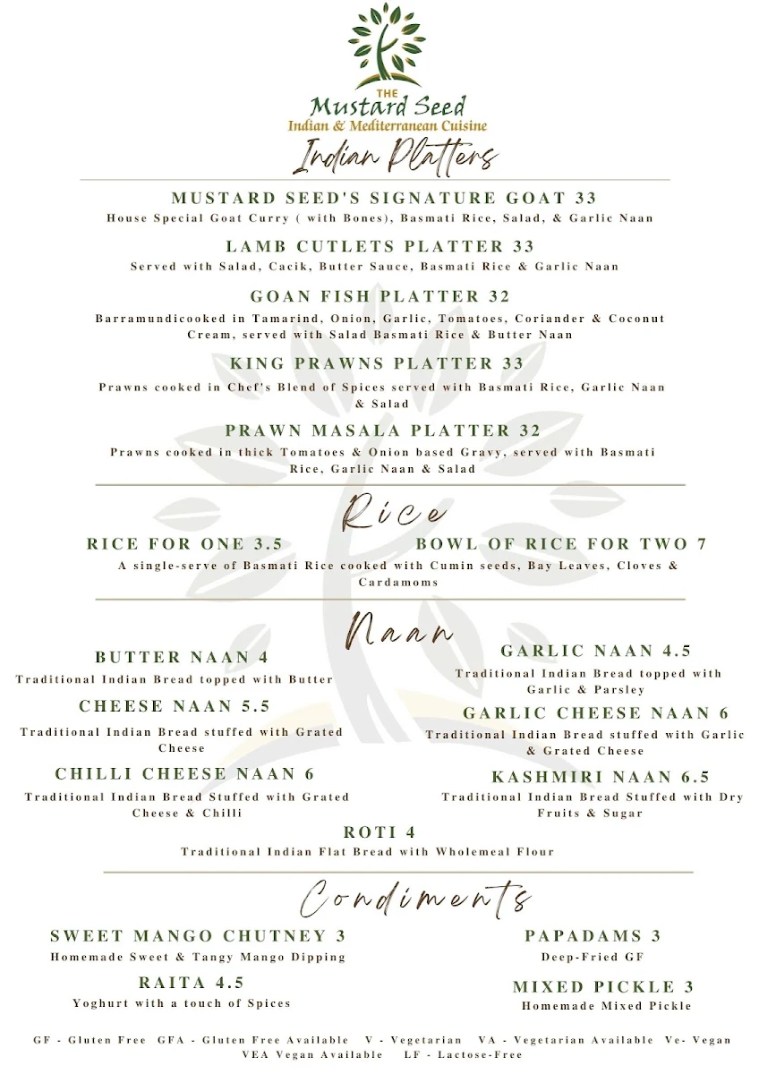 Menu, The Mustard Seed - Murray Bridge