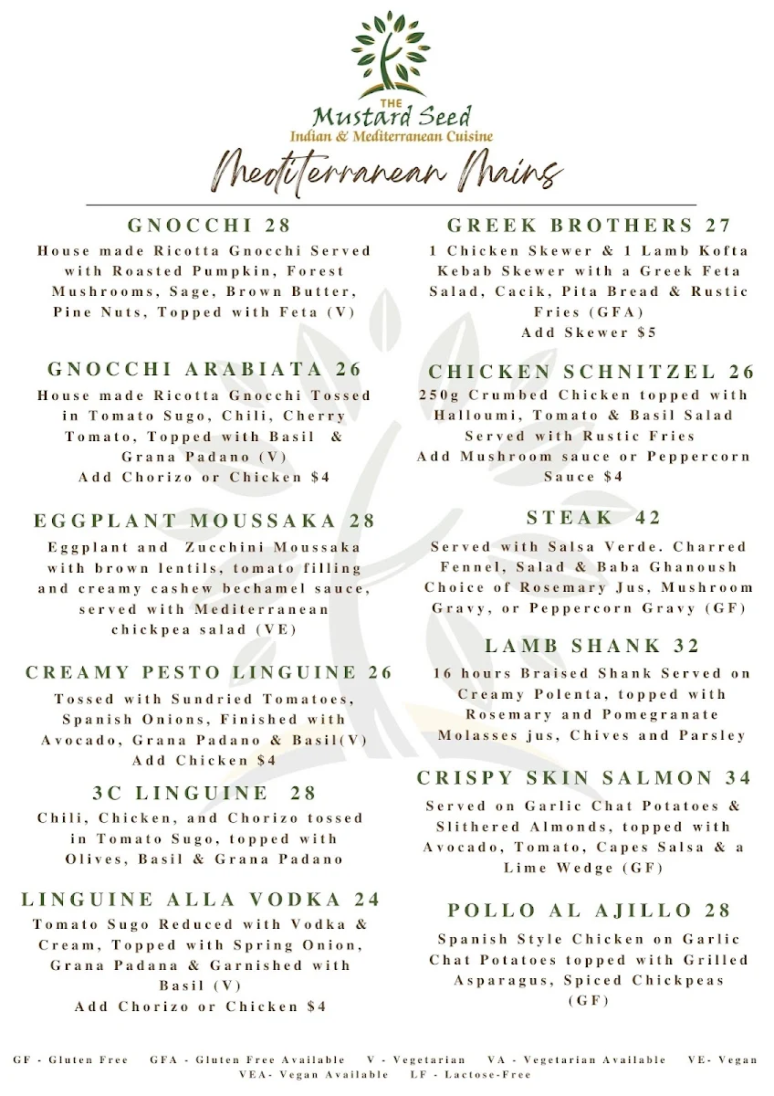 Menu, The Mustard Seed - Murray Bridge