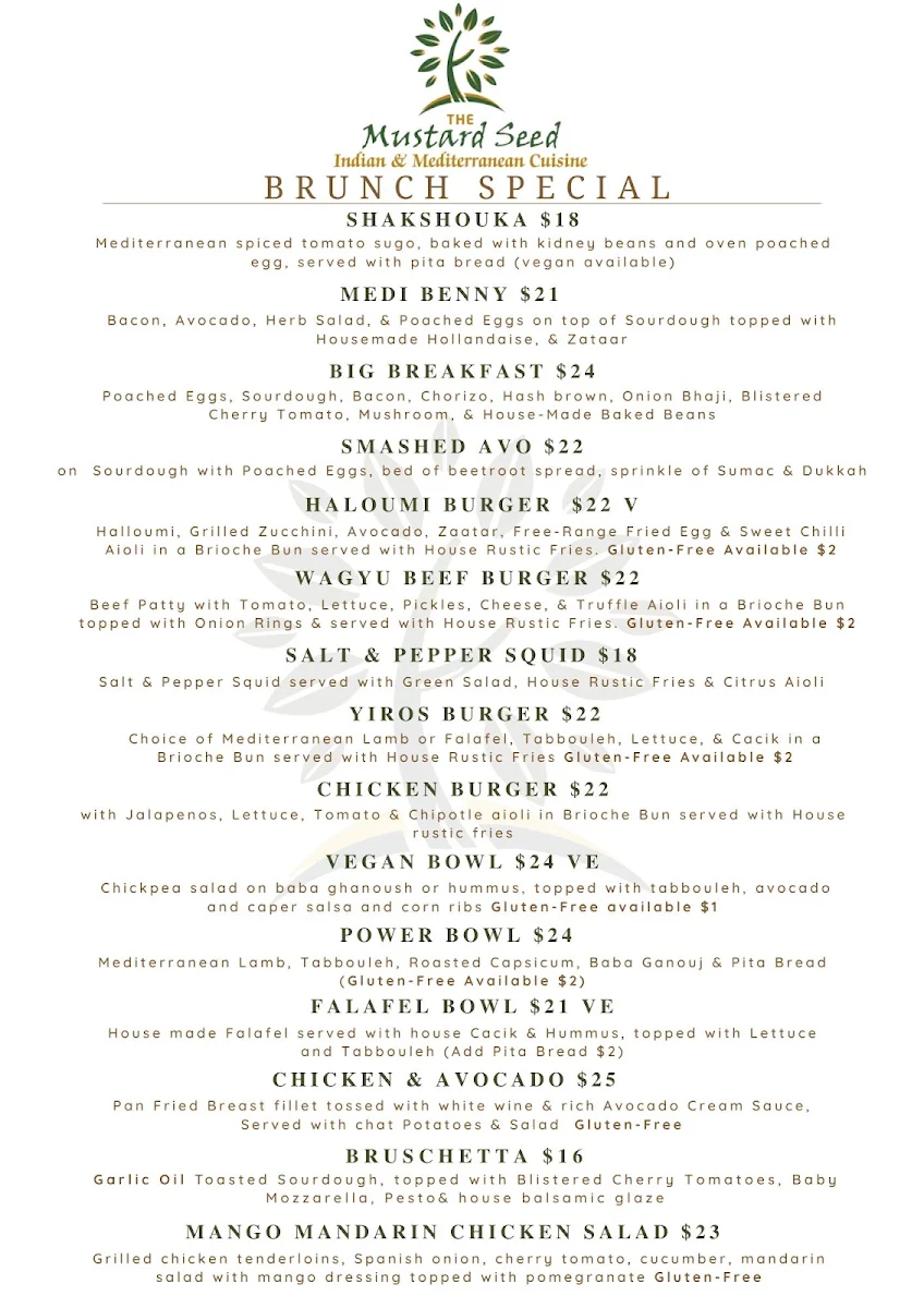 Menu, The Mustard Seed - Murray Bridge