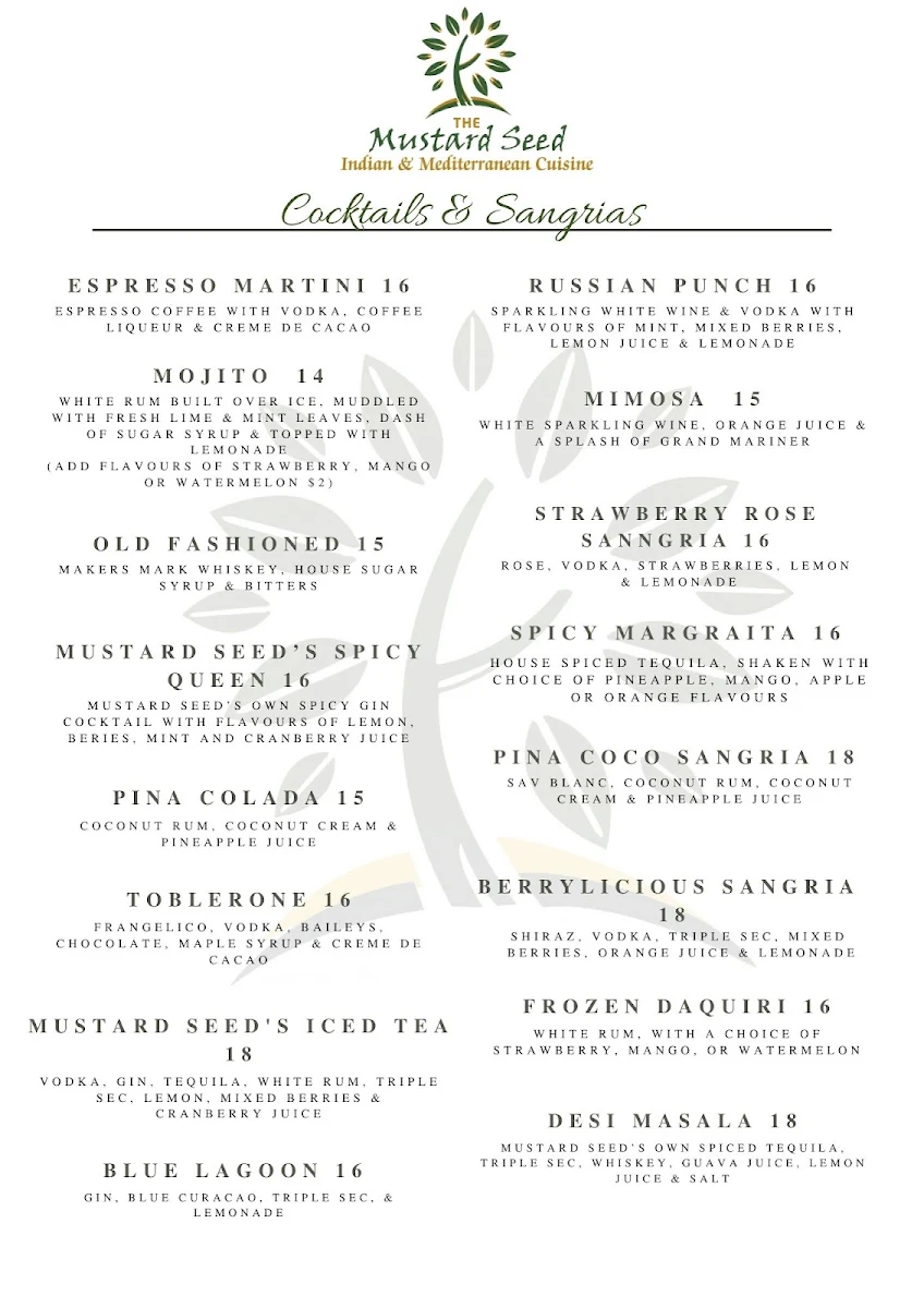 Menu, The Mustard Seed - Murray Bridge