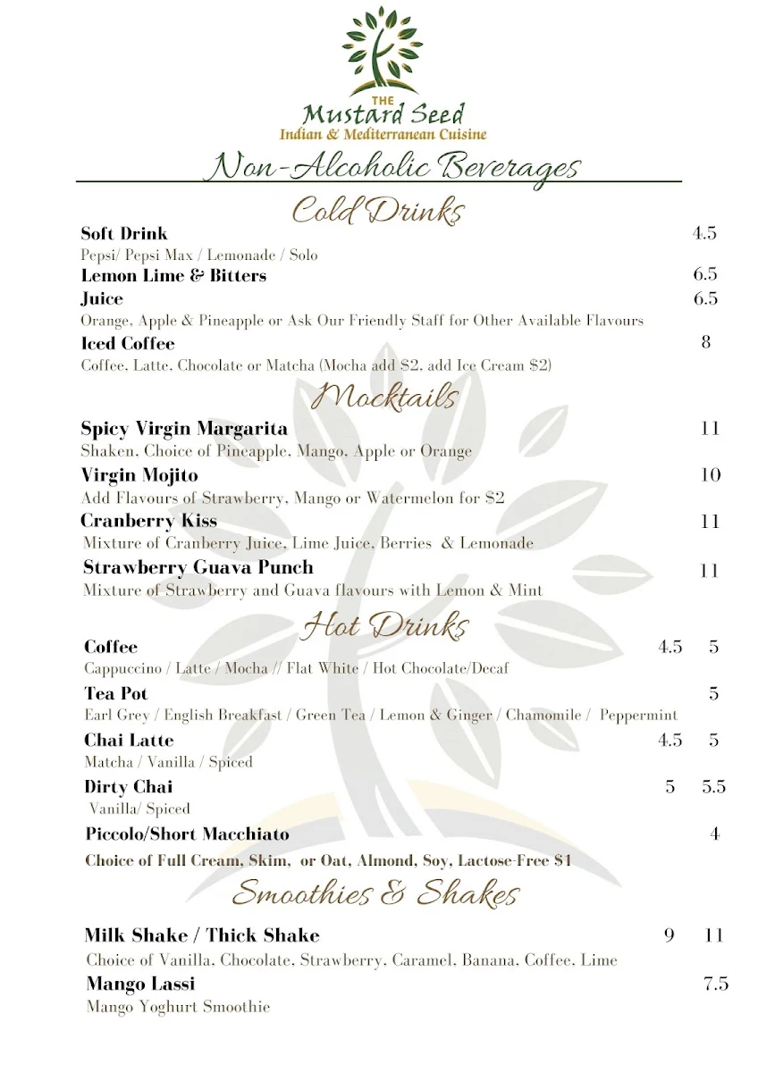 Menu, The Mustard Seed - Murray Bridge