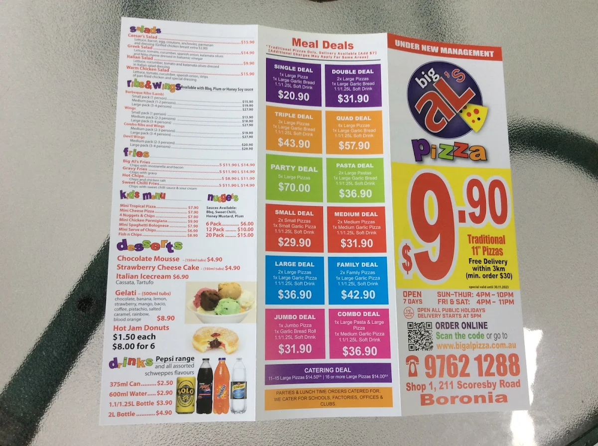 Menu, Big Al's Pizza - Boronia