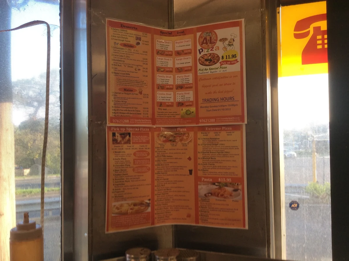 Menu, Big Al's Pizza - Boronia