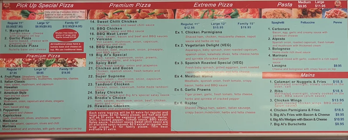 Menu, Big Al's Pizza - Boronia