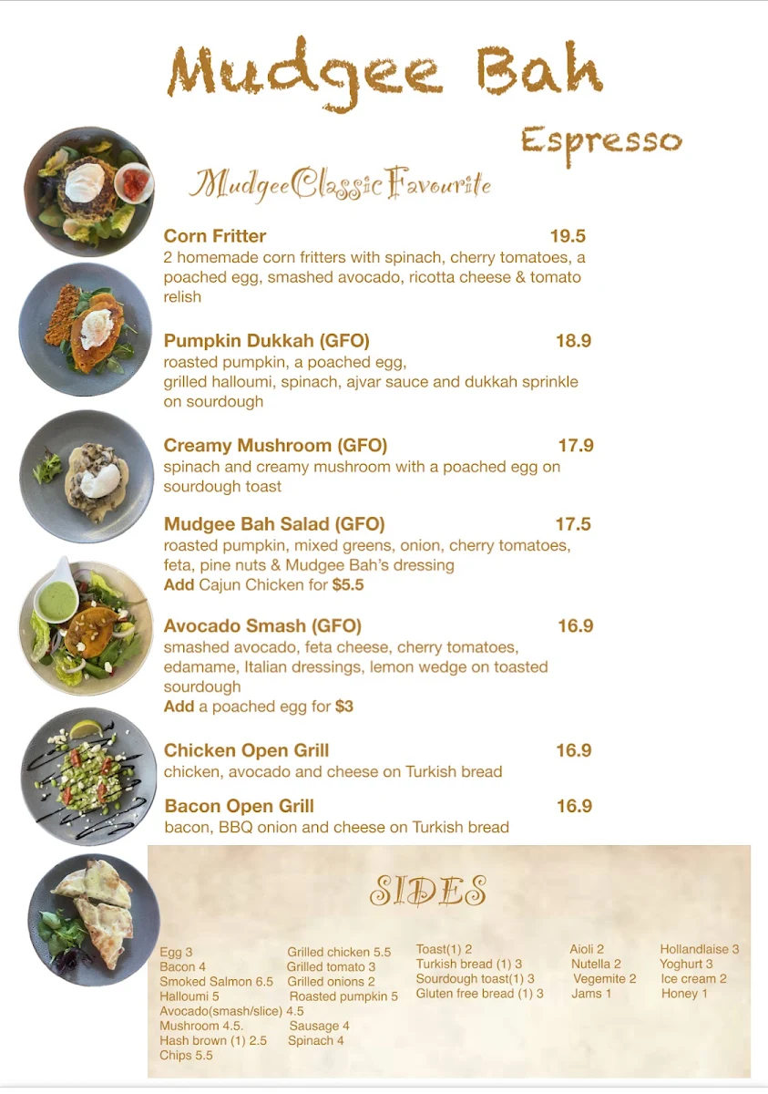 Menu, Mudgee Bah Espresso Cafe
