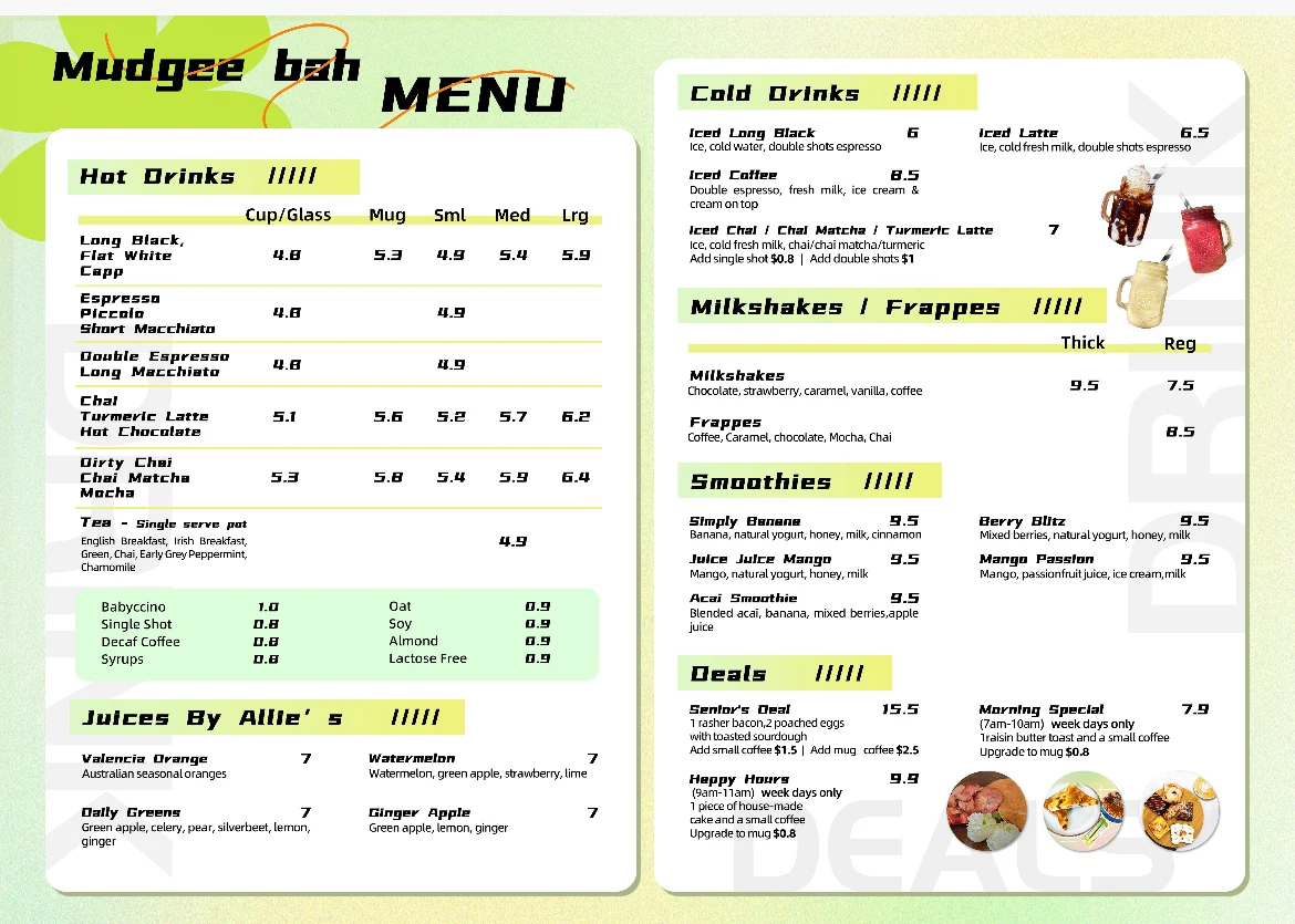 Menu, Mudgee Bah Espresso Cafe