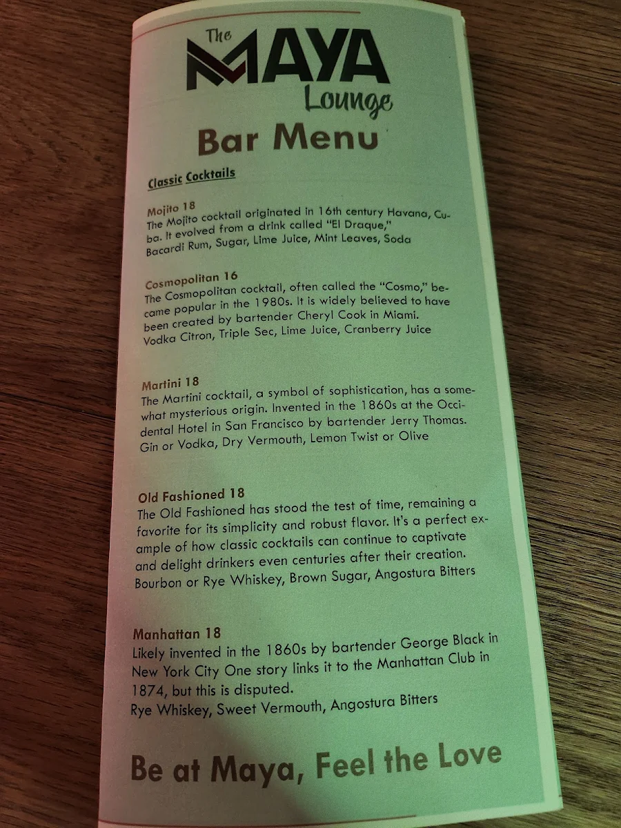 Menu, The Maya Lounge
